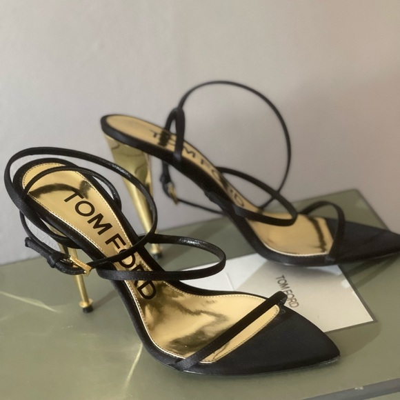 COPY - Black satin ankle strap with gold heel - Picture 3 of 12